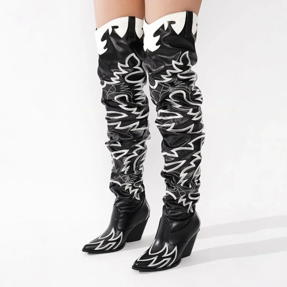 Women Pu Black Faux Leather Over The Knee Cowgirl Chunky Block Heel Fashion Boot